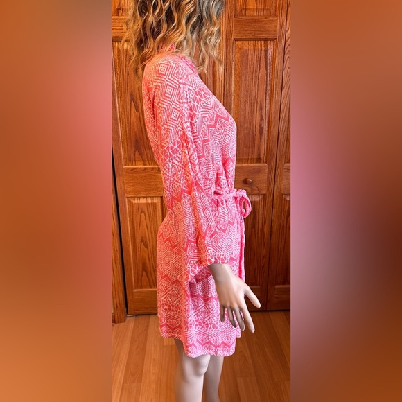 Pink Blush Womens Medium Duster Robe Geometric Color Barber Pink Tie Belt - Picture 3 of 12